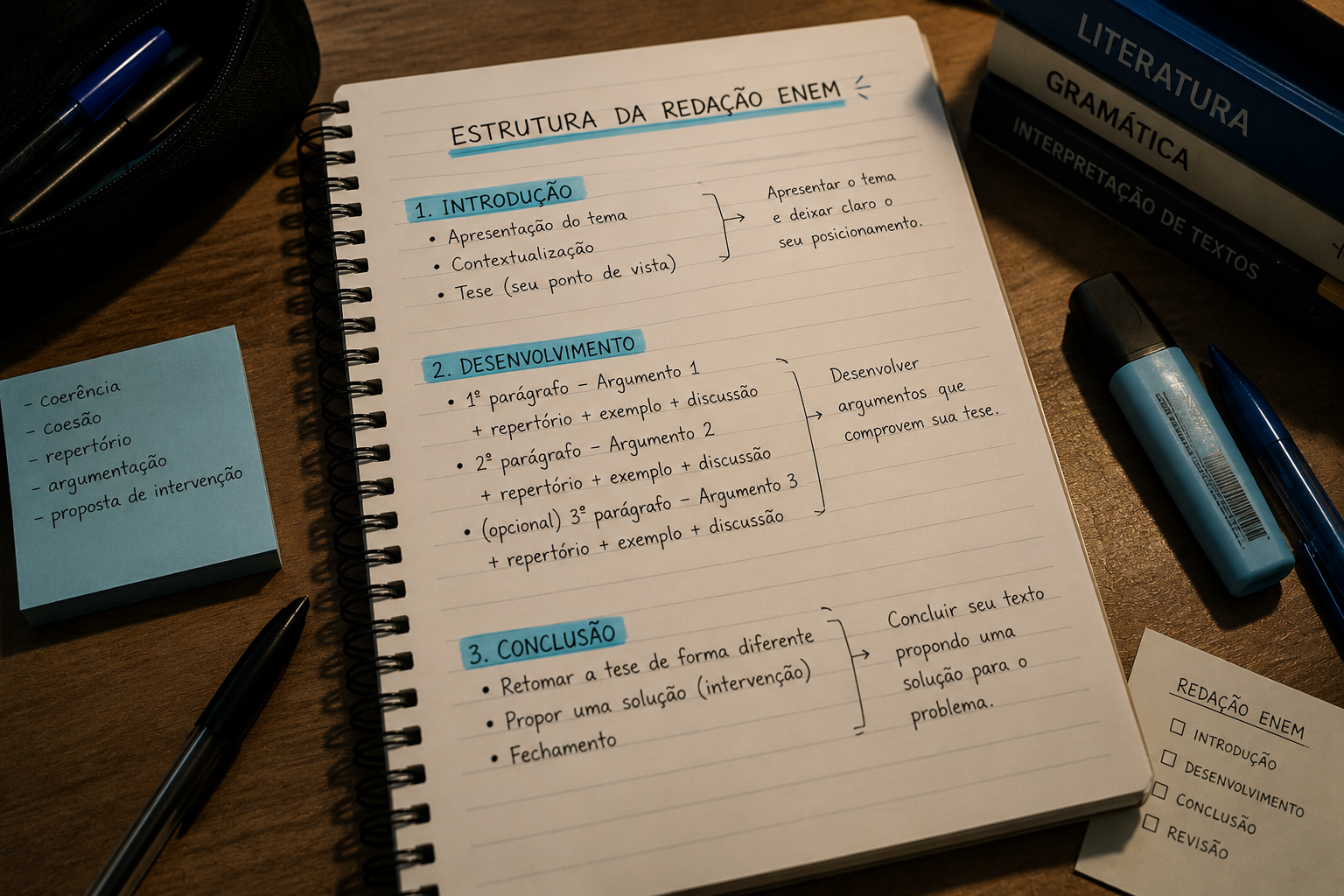 Caderno preenchido com estrutura de redação